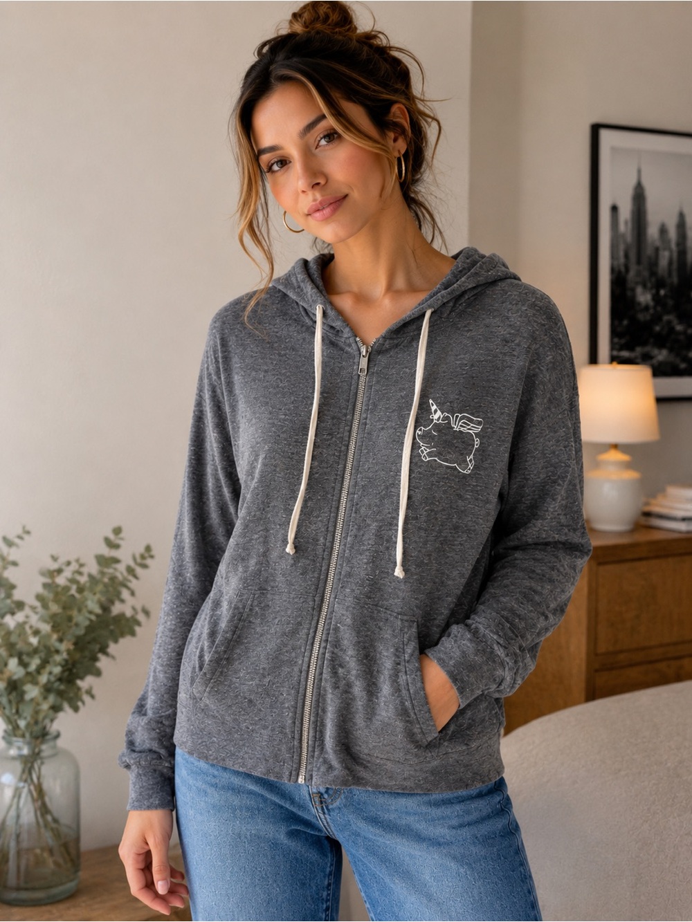 Candytopia Gray Lightweight Zip-Up Hoodie | Unicorn Graphic | Size Large